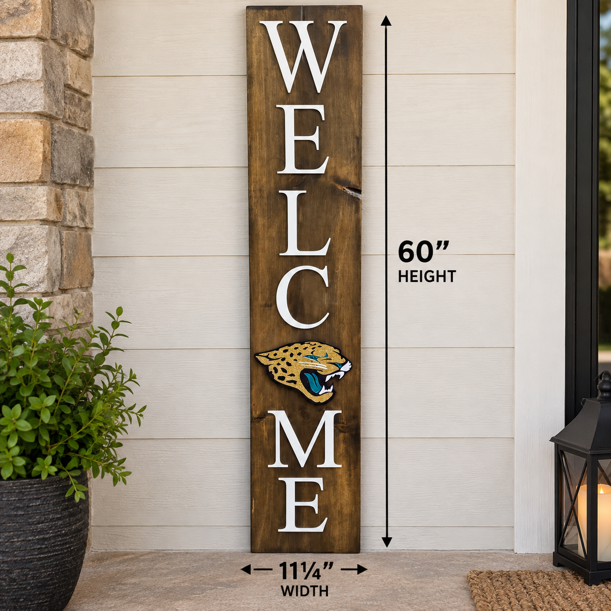 60-inch wood welcome porch leaner with raised white lettering and a Jacksonville Jaguars interchangeable