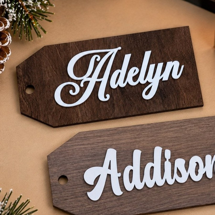 Stain color choices for personalized wood stocking tags shown with jute twine and beads
